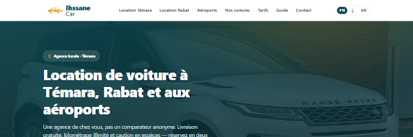Ihssane Car — création site web agence location voiture Témara Rabat, réservation en ligne